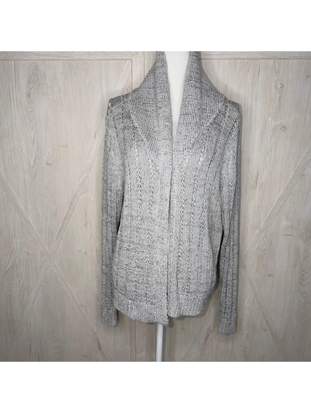Cato Woman Gray Silver Sparkle Open Knit Cardigan Sweater Size 2 2XL Plus Party